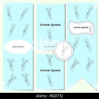 Charmant ensemble de cartes postales avec contour mignon les lapins sur fond bleu turquoise. Des drapeaux, des certificats, des prospectus ou des bannières pour les enfants. Style design mignon Illustration de Vecteur