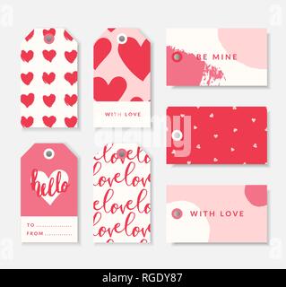 Un ensemble de sept modèles d'étiquette-cadeau romantique mignon en rouge, rose pastel et blanc. Valentine's day/ les faveurs de mariage, cadeau d'anniversaire de label vector designs. Illustration de Vecteur