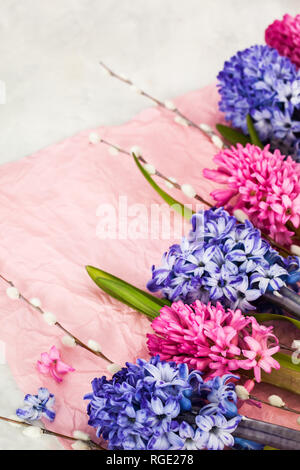 Bouquet de belles fleurs - jacinthes bleues et roses et saule, vue du dessus, le ressort ou concept de Pâques Banque D'Images