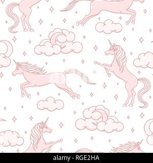 Hand drawn vector cartoon licornes de répétition sur fond blanc. Les créatures magiques rose avec des étoiles, des lunes, des nuages et des cœurs. Cute illustration Illustration de Vecteur