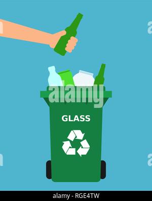 Lancer main verre vert bouteille dans une corbeille. Recyclage du verre, le tri des déchets, de séparer les déchets, eco friendly, concept. Fond bleu. Vector Illustration de Vecteur