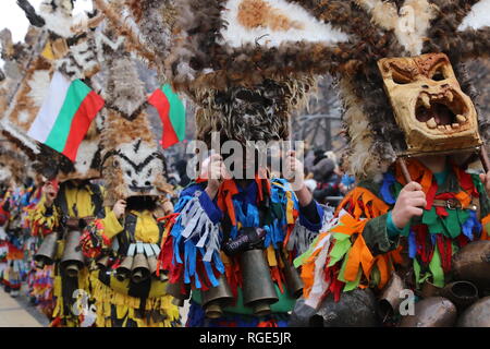 Pernik, Bulgarie - 27 janvier 2019 - festival Surva mascarade dans Pernik, Bulgarie. Les personnes ayant appelé masque de danse Kukeri et effectuer d'effrayer le evi Banque D'Images