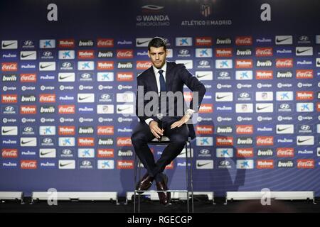 Madrid, Espagne. 29 janvier, 2019. Alvaro Morata lors de sa présentation en tant que nouveau joueur de l'Atletico Madrid, à Wanda Metropolitano Stadium à Madrid le 29 janvier 2019. (Photo de Guille Martinez/Cordon Press) Credit : CORDON PRESS/Alamy Live News Banque D'Images