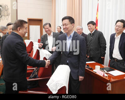 (190129) -- BEIJING, le 29 janvier 2019 (Xinhua) -- le vice-Premier ministre chinois Han Zheng, également membre du Comité permanent du Bureau politique du parti communiste de Chine, le Comité central se réunit avec des experts du Conseil de l'Etat groupe de coordination sur la transformation des fonctions du gouvernement et de l'amélioration des services gouvernementaux avant qu'ils ont tenu une réunion à Beijing, capitale de Chine, le 29 janvier 2019. (Xinhua/Liu Weibing) Banque D'Images