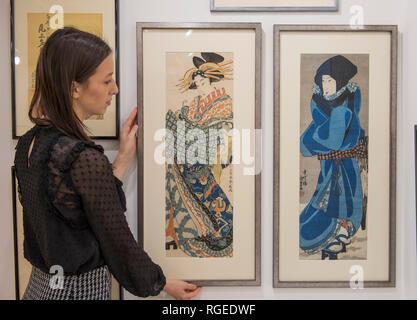 Galeries Mall, le centre commercial, Londres, Royaume-Uni. 29 janvier, 2019. Connecter Art Fair, la première foire d'art indépendant, est géré par les concessionnaires en collaboration avec un large éventail de galeries sous un même toit. La foire est ouverte du 29 janvier - 2 février 2019. Image : Geisha. Kashosai Shunsen. c.1810. Andre Bardega, Brighton. Credit : Malcolm Park/Alamy Live News Banque D'Images