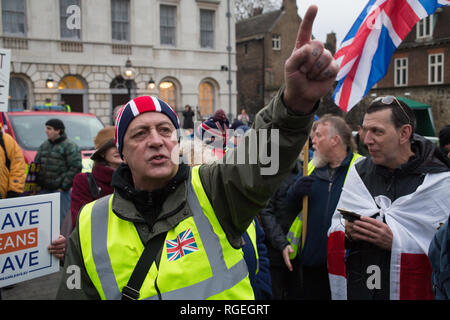 London UK 29 janvier 2019 Pro-Brexit chant protestataires et drapeaux de l'Union de l'onde comme ils manifester devant les Chambres du Parlement, au centre de Londres le jour MPs vote sur l'accord de retrait des amendements. Credit : Thabo Jaiyesimi/Alamy Live News Banque D'Images