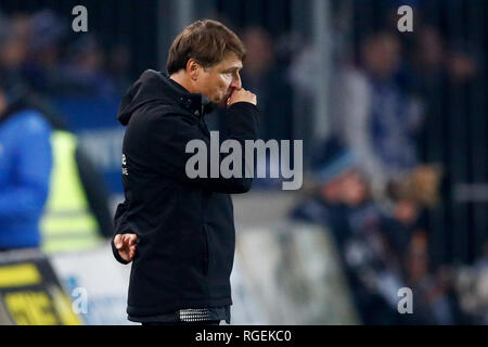 Magdeburg, Allemagne. 29 janvier, 2019. Soccer : 2ème Bundesliga, 19e journée, 1er FC Magdeburg - FC Erzgebirge Aue dans la MDCC-Arena. Magdeburg entraîneur Michael Oenning est sur la touche. Credit : Joachim Sielski/dpa-Zentralbild/DPA - NOTE IMPORTANTE : en conformité avec les exigences de la DFL Deutsche Fußball Liga ou la DFB Deutscher Fußball-Bund, il est interdit d'utiliser ou avoir utilisé des photographies prises dans le stade et/ou la correspondance dans la séquence sous forme d'images et/ou vidéo-comme des séquences de photos./dpa/Alamy Live News Banque D'Images