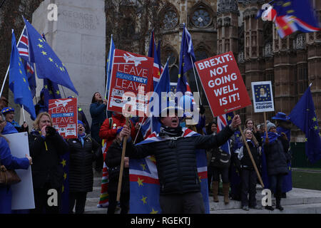 Londres, Royaume-Uni. 29 janvier, 2019. M. Arrêter Brexit, Steve Bray, dirige un groupe de manifestants devant le Parlement, à Londres, Royaume-Uni. Crédit : Joe Keurig / Alamy Live News Banque D'Images