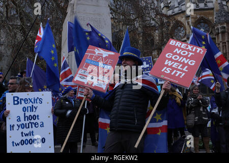 Londres, Royaume-Uni. 29 janvier, 2019. Arrêter Brexit protestataires avec Mr Arrêter Brexit, Steve Bray en face du Parlement, London, UK. Crédit : Joe Keurig / Alamy Live News Banque D'Images