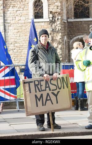 Londres, Royaume-Uni. 29 janvier, 2019. Militant de la laisser se dresse sur le trottoir, le long de la route en face du Parlement, London, UK, avec un conseil, la lecture trahison peut. Crédit : Joe Keurig / Alamy Live News Banque D'Images