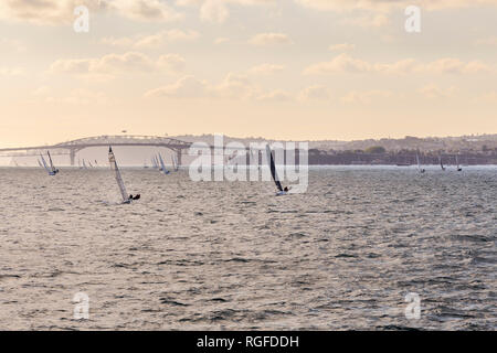 Bateaux à voile avec les gens se penchant sur le bord d'équilibrer le poids. De nombreux autres bateaux et Auckland Harbour Bridge en arrière-plan. Banque D'Images