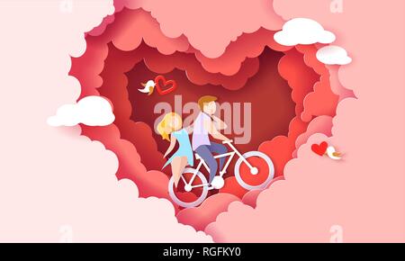 Carte Saint Valentin avec couple rouge en forme de coeur à l'intérieur des nuages. Vector illustration d'art sur papier. Coupe papier et de l'artisanat traditionnel. Illustration de Vecteur