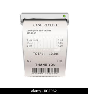 Reçu de vente réalistes qui sortent de la machine, blanc avec du texte de loi commercial. Contrôle financier papier isolated on white Illustration de Vecteur