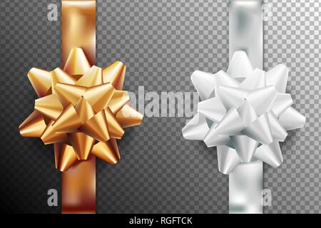 Golden, silver white gift set bow ribbon verticale. Isolé sur fond transparent. Vector illustration. Noël, Nouvel An, anniversaire de l'or Illustration de Vecteur