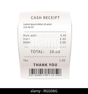 Reçu de vente réaliste, blanc avec du texte de loi commercial. Contrôle financier papier isolated on white Illustration de Vecteur