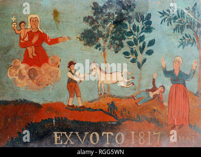 Ex-Voto Peinture (1817) d'un homme tombant d'un cheval ou d'un accident de cheval dans la chapelle ou Chapelle Notre-Dame-des-Anges Pignans Var Provence France Banque D'Images