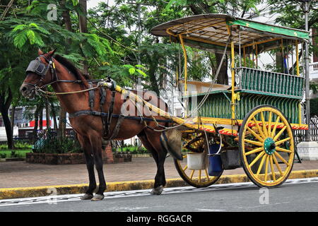 Cheval kalesa-calèche arrêté à Sto Tomas.Street-Plaza de Roma Square à l'entrée de la cathédrale lors de l'attente pour les passagers se rendant sur l'intr Banque D'Images