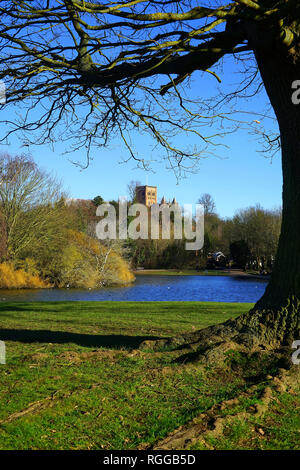 Une vue sur le lac à Verulamium Park à St Albans Cathedral Banque D'Images
