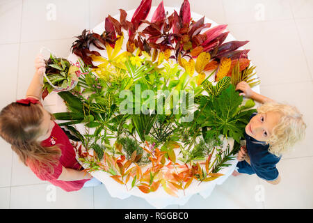 Les enfants de feuilles d'automne de sélection pour l'école art project. Garçon et fille faire photo collage feuille d'automne en couleur arc-en-ciel. De l'artisanat pour les jeunes enfants. Pre Banque D'Images