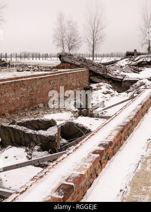 Vestiges de crématorium, détruit à Auschwitz II Birkenau camp de concentration et d'extermination, Oswiecim, Pologne Banque D'Images