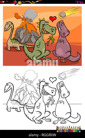 Cartoon Illustration de personnages drôles les dinosaures dans l'amour de l'activité de coloriage Illustration de Vecteur