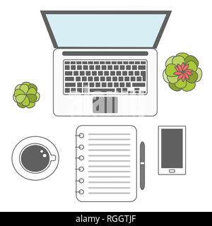 Mise à plat de bureau travail vecteur Vue supérieure avec coffre, plantes, tasse de café, smartphone, notebook and pen Illustration de Vecteur