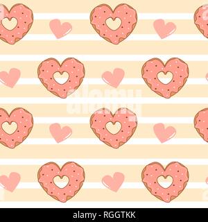 Cute cartoon vector pattern transparente en forme de coeur fond rayé rose avec des beignets glaze valentine illustration Illustration de Vecteur