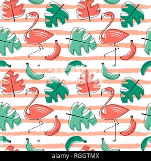 Modèle vectoriel continu tropical exotique avec bird flamingo, feuilles de palmiers et fleurs fond corail vivant à la mode Illustration de Vecteur