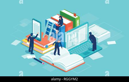 Dictionnaire, une bibliothèque moderne et archive web. La littérature et la culture numérique. Vecteur de personnes la lecture de livres en utilisant la technologie moderne. Illustration de Vecteur