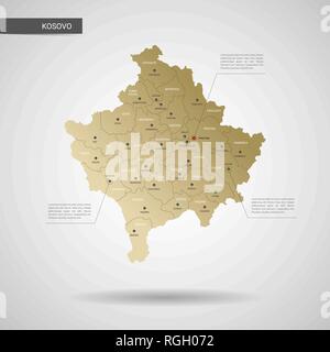 Carte du Kosovo vecteur stylisée. L'infographie 3d gold site illustration avec les villes, les frontières, les capitaux, les divisions administratives et de l'aiguille, les marques de l'ombre ; g Illustration de Vecteur