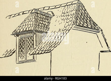 . Bulletin de l'Institut d'Essex. L'Essex Institute ; histoire naturelle ; la généalogie. Toiture en terre cuite carreaux-. 57 à travers les chevrons pour la fin. Fig. 77 montre l'apparence d'un de ces toits de chalets et la manière dont même les petits toits de lucarnes et les hanches peuvent être facilement couverts par cette matière brute. Fig. 78 montre l'apparence d'une partie de la toiture de l'intérieur. Les pierres naturelles (tig. 79) utilisé pour cet effet, des mesures, environ 22 centimètres de longueur par 14 centimètres de largeur, avec une épaisseur de 0,02 centimètres. Il est fait de quelques limes fossilifères Banque D'Images