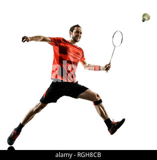 Un joueur de badminton de race blanche l'homme dans l'ombre silhouette studio isolé sur fond blanc Banque D'Images