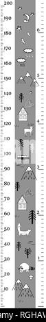 Les enfants dans le tableau hauteur vector style scandinave minimaliste avec des animaux, des maisons, et des arbres. Mur de compteur ou la hauteur de mètre, centimètre et en pouces Illustration de Vecteur