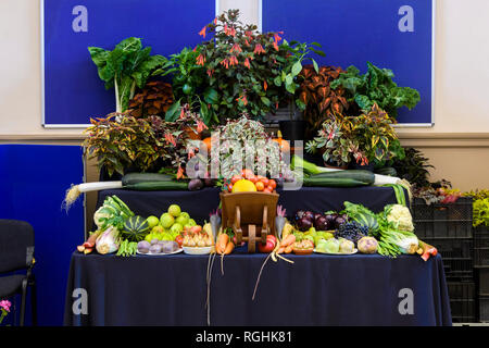 Grande variété de produits cultivés frais (fruits, légumes et plantes) affichée à montrer des jardiniers, Burley-en-Wharfedale, West Yorkshire, Angleterre, Royaume-Uni. Banque D'Images