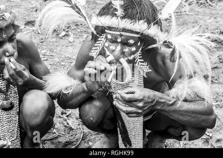 Wamena, Indonésie - 9 janvier 2010 : le chef de la tribu Dani dans une robe traditionnelle de fumer une cigarette en Dugum Dani Village. Baliem Valley la Papouasie. Banque D'Images