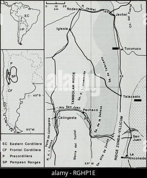 . Bulletin of the British Museum (Natural History), la géologie. 292 CUERDA, RICKARDS &AMP ; CINGOLANI. Fig. 1 Distribution des fondus du Silurien dans l'Precordillera de San Juan, en Argentine. Le western s'affiche autour de Calingasta s'estompe, l'estompe centrale dans le crépi de la dose et de l'est ouverte en fondu à crépi à droite. grès ont donné les trilobites Calymenella Eohomalonotus) villicumensis (Baldis &AMP ; Blasco et Dalmanitina sudamericana Baldis &AMP ; Blasco (Baldis &AMP ; Blasco, 1974) et les gousses brachio- Fascifera Arenorthis cuyana punctata, Villiscundella muozetici Bagnorthis,, garrigo Banque D'Images