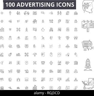 Ligne modifiable Publicité icônes, 100 vector set sur fond blanc. Contour noir publicité illustrations, signes, symboles Illustration de Vecteur