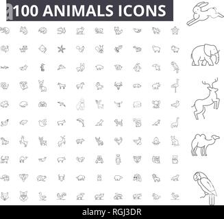 Ligne modifiable animaux icônes, 100 vector set, collection. Animaux contour noir illustrations, signes, symboles Illustration de Vecteur