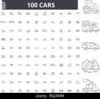 Ligne modifiable voitures icônes, 100 vector set, collection. Voitures contour noir illustrations, signes, symboles Illustration de Vecteur