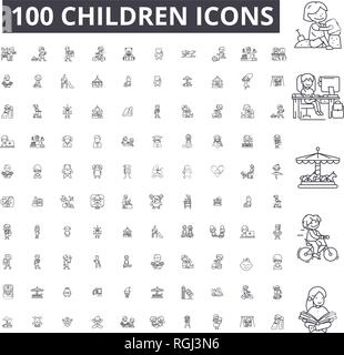 Ligne modifiable enfants icônes, 100 vector set, collection. Enfants contour noir illustrations, signes, symboles Illustration de Vecteur