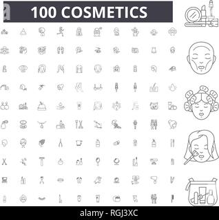 Les cosmétiques, icônes ligne modifiable 100 vector set, collection. Les cosmétiques contour noir illustrations, signes, symboles Illustration de Vecteur