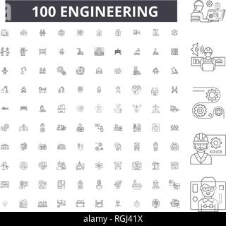 Ligne modifiable en génie, 100 icônes vector set, collection. Engineering contour noir illustrations, signes, symboles Illustration de Vecteur