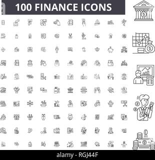 Finances, 100 icônes ligne modifiable vector set, collection. Finances contour noir illustrations, signes, symboles Illustration de Vecteur