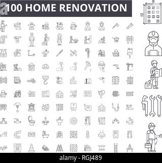 Rénovation accueil icônes ligne modifiable, 100 vector set, collection. Accueil rénovation contour noir illustrations, signes, symboles Illustration de Vecteur