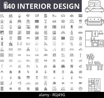 Interior design icônes ligne modifiable, 100 vector set, collection. Interior design contour noir illustrations, signes, symboles Illustration de Vecteur