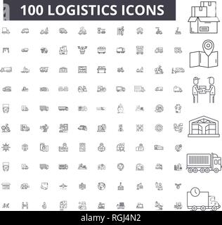 Ligne modifiable logistique icônes, 100 vector set, collection. La logistique contour noir illustrations, signes, symboles Illustration de Vecteur