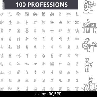 Ligne modifiable Professions icônes, 100 vector set, collection. Professions libérales contour noir illustrations, signes, symboles Illustration de Vecteur