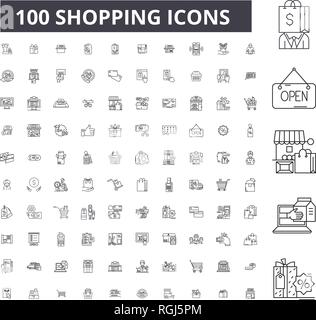 Ligne modifiable Shopping icônes, 100 vector set, collection. Shopping contour noir illustrations, signes, symboles Illustration de Vecteur