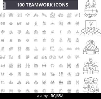 Le travail d'équipe, icônes ligne modifiable 100 vector set, collection. Le travail d'équipe contour noir illustrations, signes, symboles Illustration de Vecteur