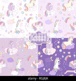 Hand drawn seamless vector pattern avec licornes mignon en 4 couleurs. Illustration de Vecteur